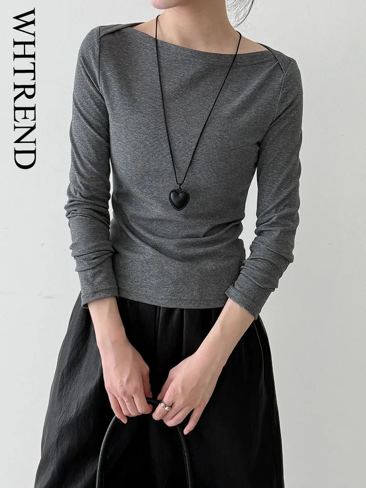 

WHTREND Slim Fit внутренняя футболка топ для женщин с длинными рукавами однотонная осенняя новая простая футболка со сборкой на талии WH1517