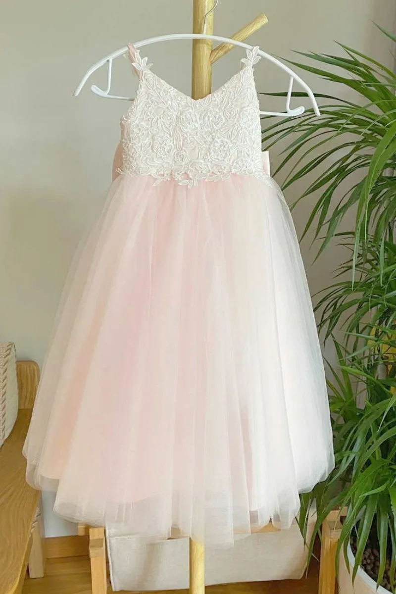 White Pink Flower Girl Dress Elegant Tulle Features With Straps Lace Top And Bow Fit Wedding Party Birthday First Communion Gown