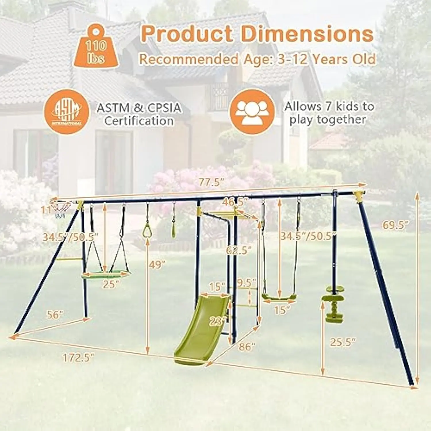 HONEY JOY Swing Set, 660lbs 7-in-1 Heavy Duty Swingset Outdoor for Kids w/A-Frame Metal Swing Stand, 2 Swings, Glider, Gym Rings