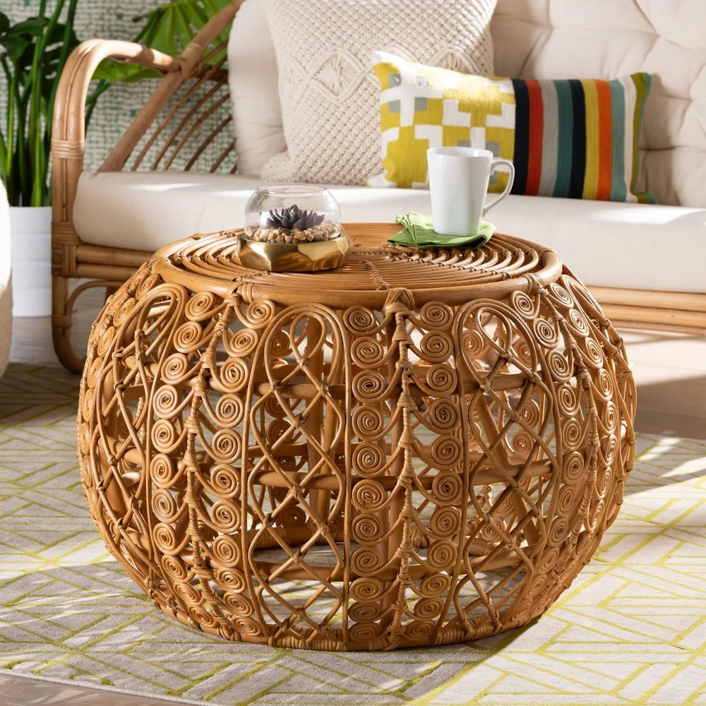 Bohemian Natural Rattan Coffee Table Round Openwork Design Lightweight Fully Assembled Indoor Use Geometric Curled Base