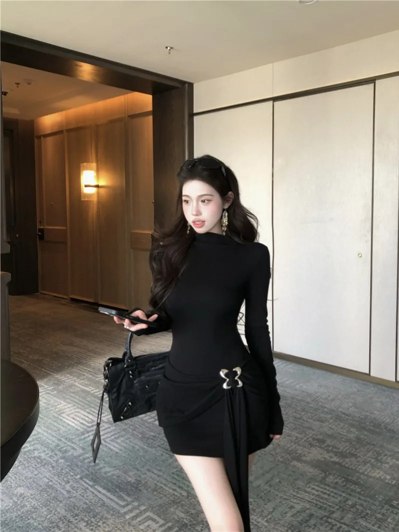 

Ele Slimming Long Sve High Collar Dr Женская осенне-зимняя базовая многослойная внутренняя одежда Контурная юбка