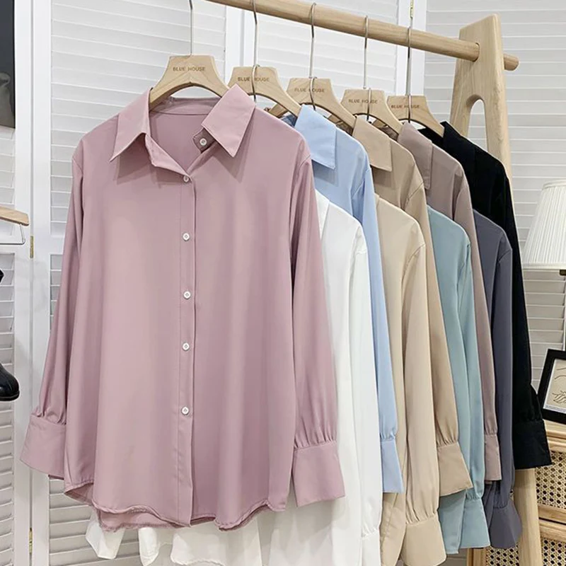 Korean Fashion Chiffon Shirt Women Turn Down Collar Long Sleeve Loose Shirts Woman All Match Solid Color Office Blouse Mujer