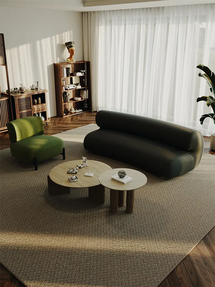 Medieval black leather sofa curved special-shaped rest area reception light luxury office meeting guests to negotiate B & B hote