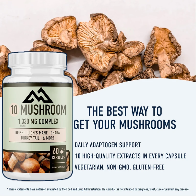 

10 types of mushroom compound supplements mixed with lion mane, turkey tail, cordyceps and other extracts for immune support