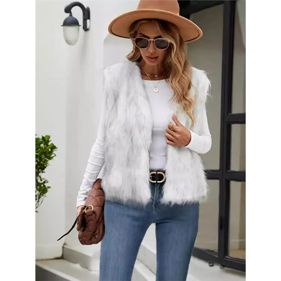 Women's Short V-Neck Faux Fur Jacket Vest Warm 3D  Fur Pattern No Brand Commuter Style Cotton Whole Skin Patchwork