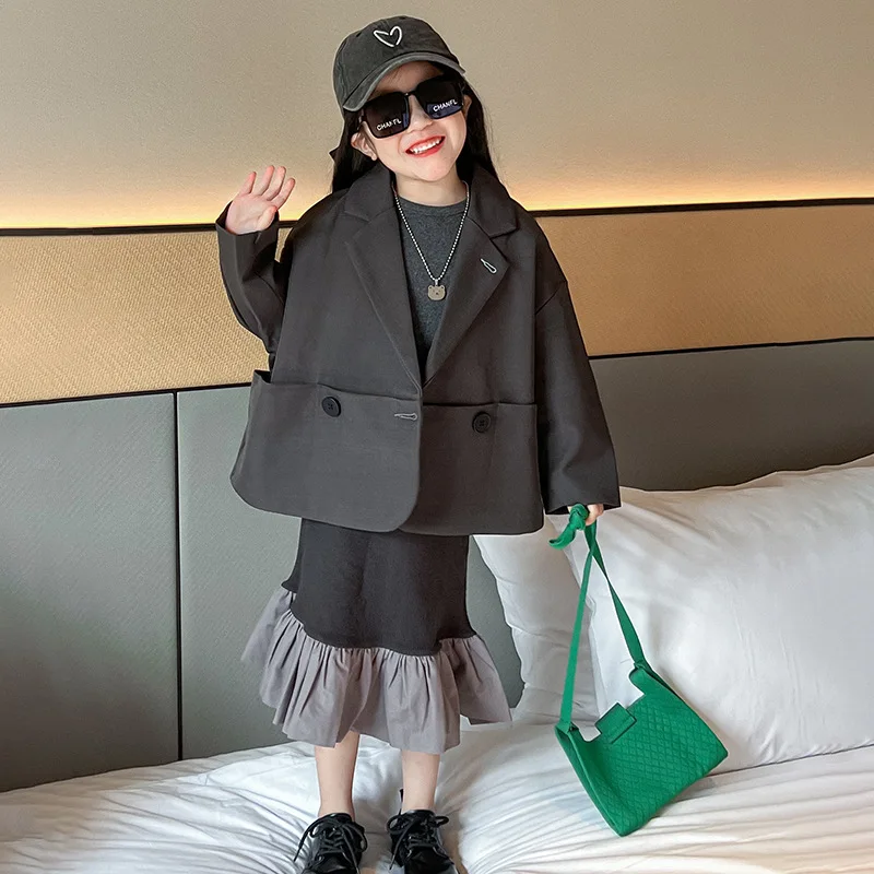 Girls Fashion Suit Jacket 2024 Fall New Solid Foreign Style Splicing Fishtail Skirt Suit Two-piece Set Korean Simple Style