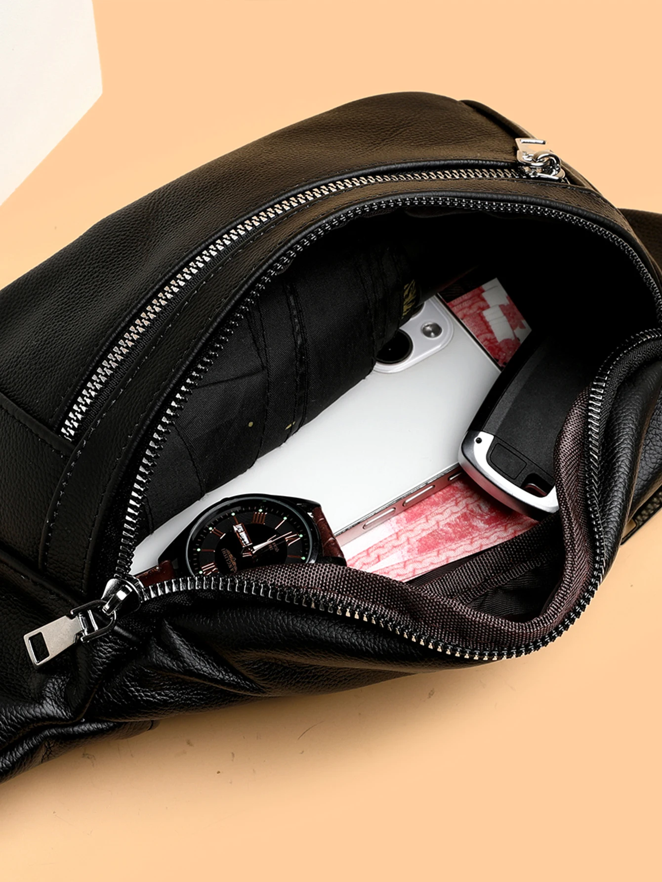 VC Einfache schwarze Herren-Gürteltasche aus echtem Leder, leichte Sport-Hüfttasche für Männer, Gürteltasche, Telefon-Brusttaschen, männliche kleine Tasche