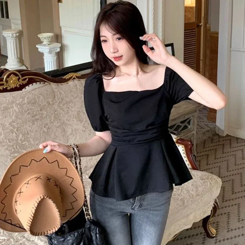 Folds Puff Short Sleeve French Woman Shirt Square Collar Solid Slim Ladies Blouse Fashion Casual New Ruffles Female Tops