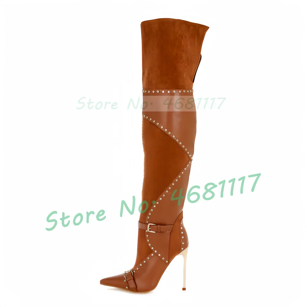 

Suede Splicing Leather Over Knee Boots Women Pointed Toe Embellished Stiletto Shoes Ladies Classy Rivets Decor Slim Long Boots