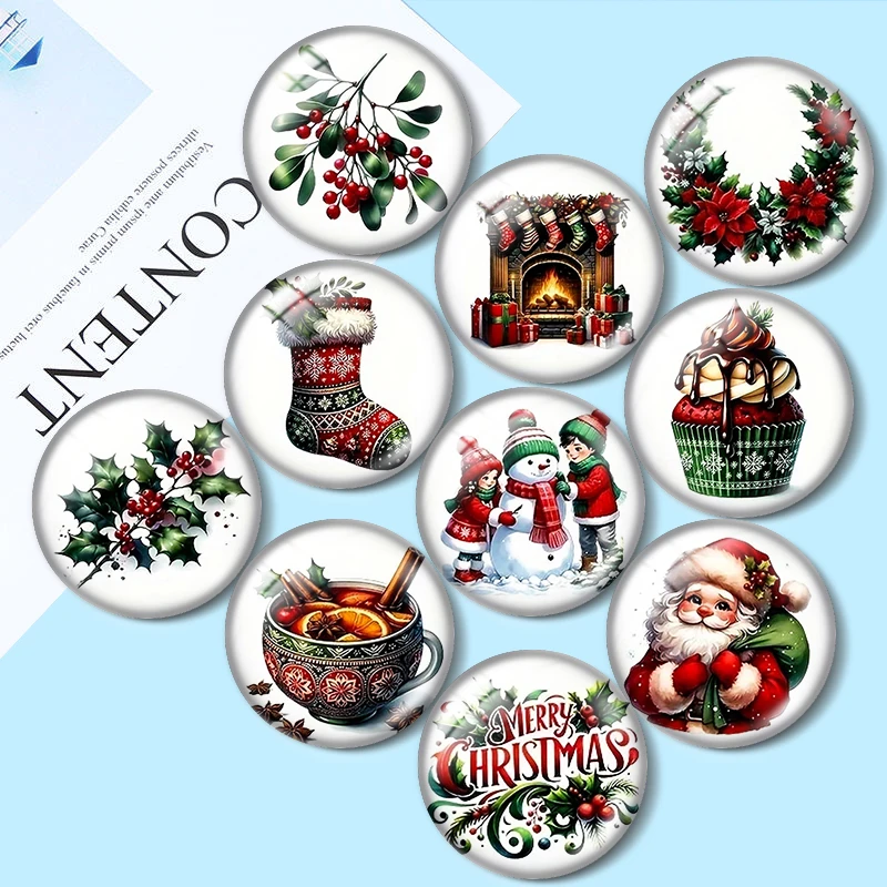 Watercolor Christmas Elements 12/18/20/25mm Glass Cabochon Bracelet Pendant Rings for Jewelry Demo Earrings Back Making Findings