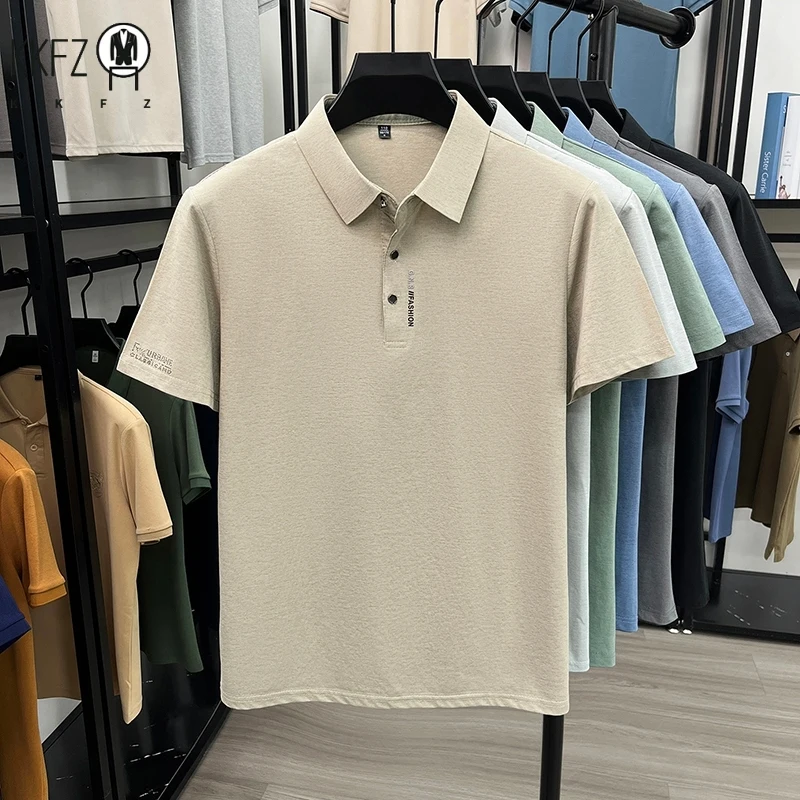 Mens thin mixed yarn knit short sleeve polo top lapel three button placket cuff letter graphic slim elastic business garment