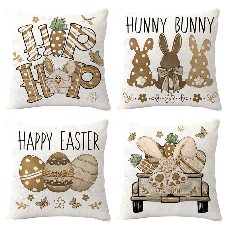 Cute Bunny Cushion Cover Farmhouse Home Decor Pillowcase Cartoon Rabbit Printed Cushion Pillows Cover Happy Easter Decorations