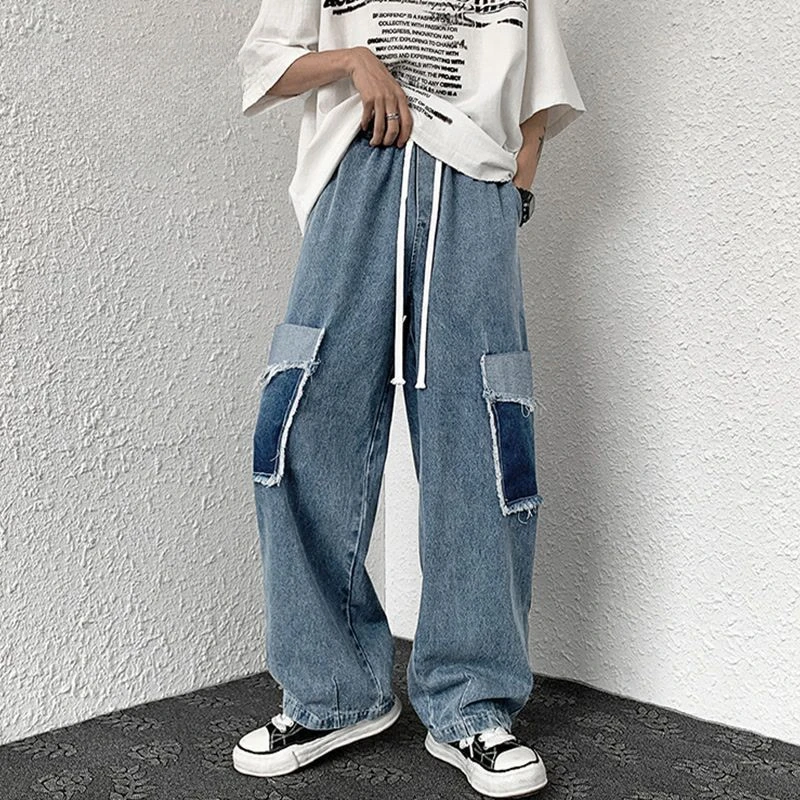 

Multi-Pocket Washed Jeans Pants Mens Retro High Street Fashion Blue Baggy Jeans Couple Simple Casual Wide Leg Pants Z138