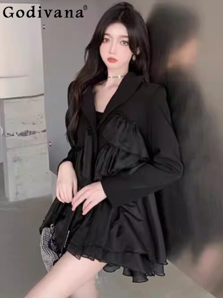 

Large Size Spring Autumn New Black V-Neck Splicing Long Sleeve High Waist Dress Women Loose Irregular Sexy Pleated Dresses