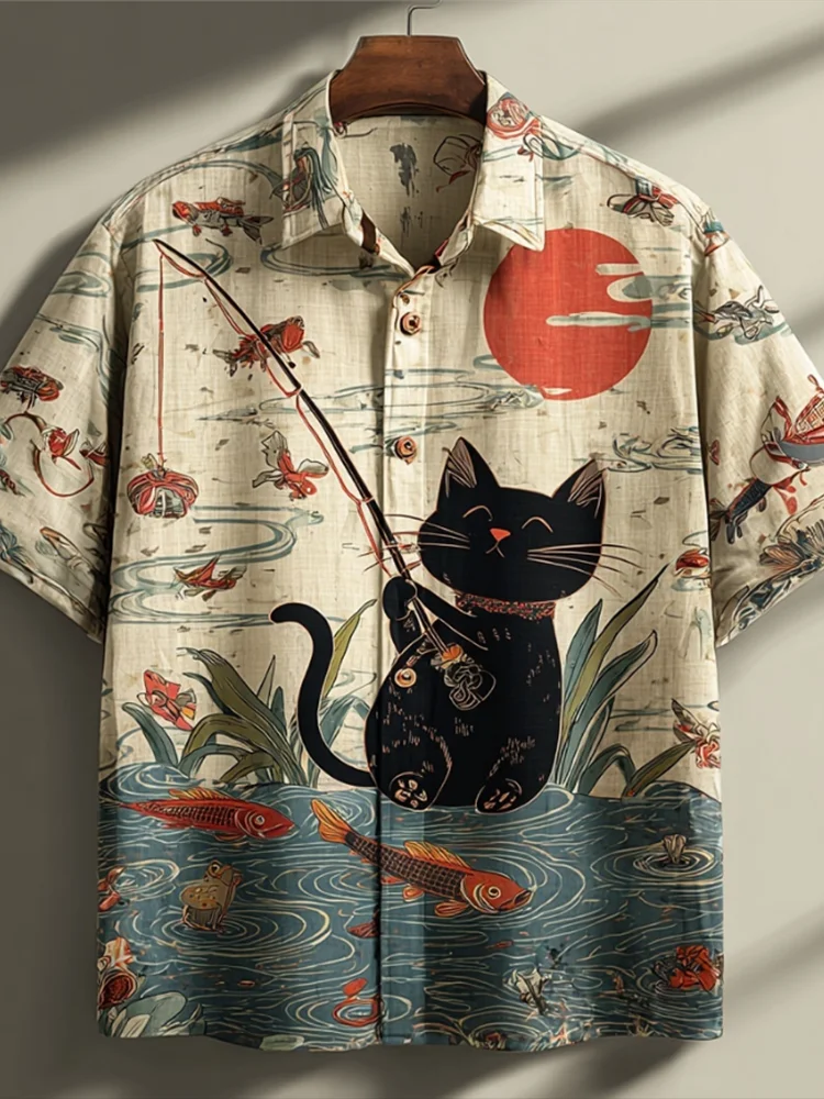 

2026 Colorful Men's Linen Summer Short Sleeve Shirt Fashion Short Sleeve Top 3D Cat Printed Pattern Men's Clothing
