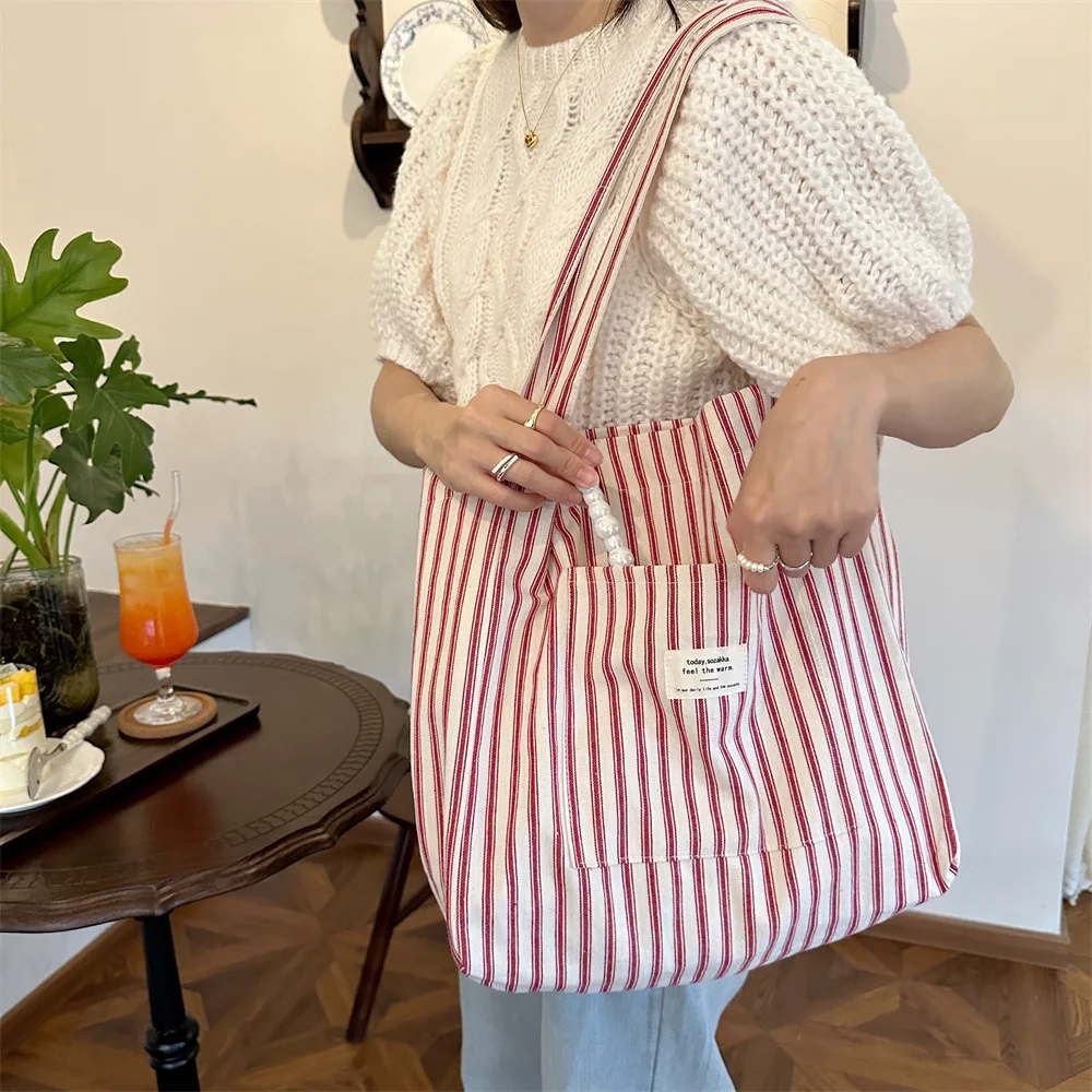 

Vintage Striped Women Shoulder Bag Large Capacity Reusable Canvas Tote Handbag