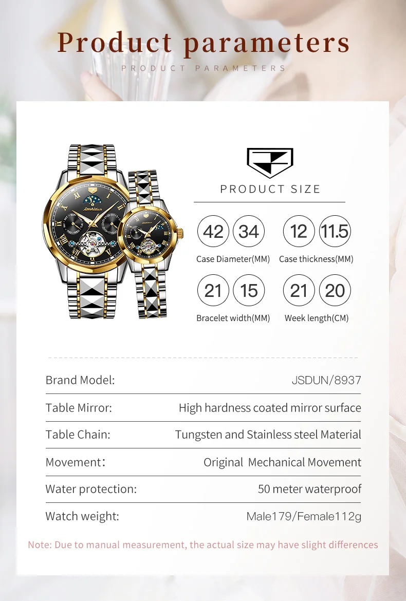 JSDUN 8937 ساعات الزوجين الرجال والنساء التلقائي الميكانيكية ساعة اليد الفاخرة الهيكل العظمي مقاوم للماء عاشق القمر المرحلة ساعة هدية