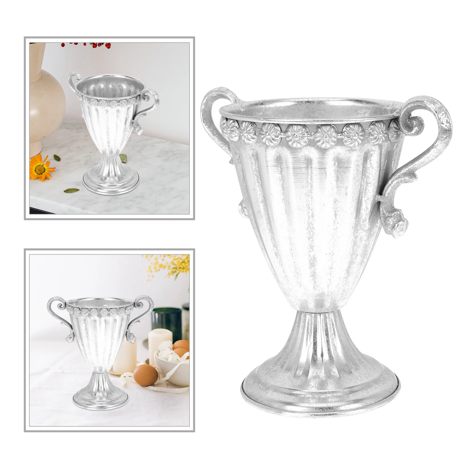 

Vintage Silver Flower Retro Iron Decorative Vase For Home Office Desktop European Style Tabletop Centerpiece Household Cup