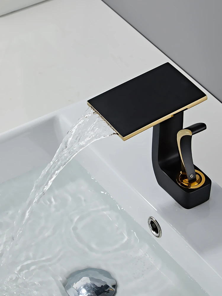 Creative waterfall washbasin faucet hot and cold bathroom copper bathroom cabinet washbasin faucet white and black gold.