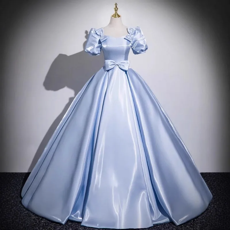 

Fashionable Blue Satin Adult Ceremony Evening Dress for Women 2026 New High End Puffy Skirt Art Exam Choral Performance Host