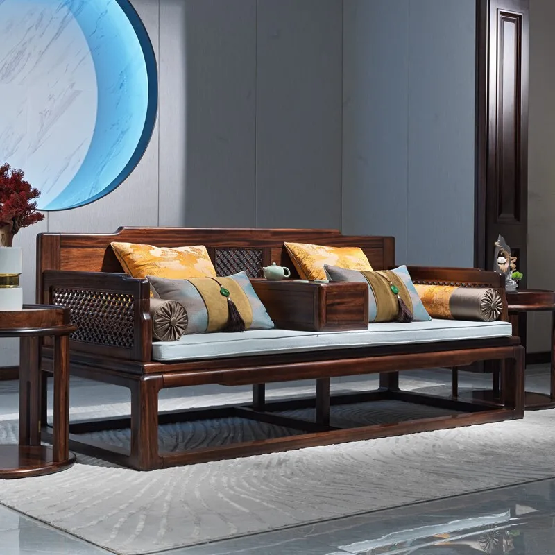 New Chinese Solid Wood Arhat Bed Sofa Living Room Small Unit Zen Carving Tea Room Ebony Ebony Wood Furniture
