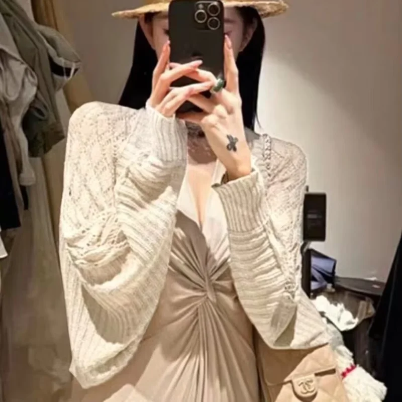 Light Weight Batwing Sleeve Knitted Open Cardigan Hollow Out Air Conditioning Shawl Cropped Cardigan Sweaters Women