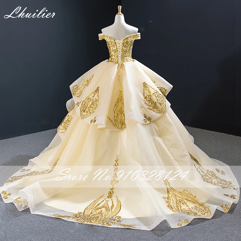 Lhuilier Customized Boat Neck Ball Gown Sequined Wedding Dresses Floor Length Off the Shoulder Bridal Dress with Chapel Train