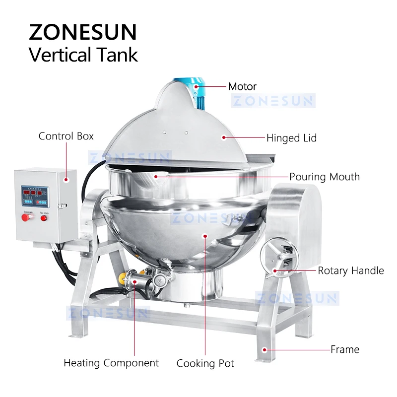 Zonesun หม้อหุงข้าวอุตสาหกรรมพร้อมเครื่องผสมและเครื่องทำความร้อนกวนสำหรับอาหารประเภทเนื้อสัตว์ ZS-CG200L อาหารสำเร็จรูป