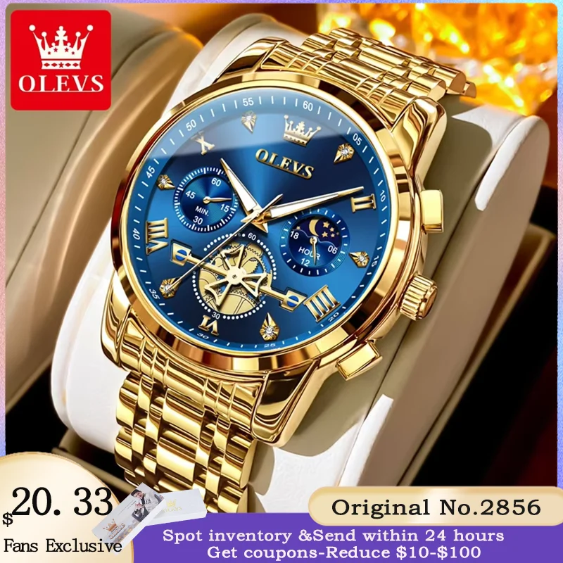 

OLEVS 2856 Quartz Watch for Men High Quality Stainless steel Chronograph Moon Phase Waterproof Male Wristwatch reloj hombre