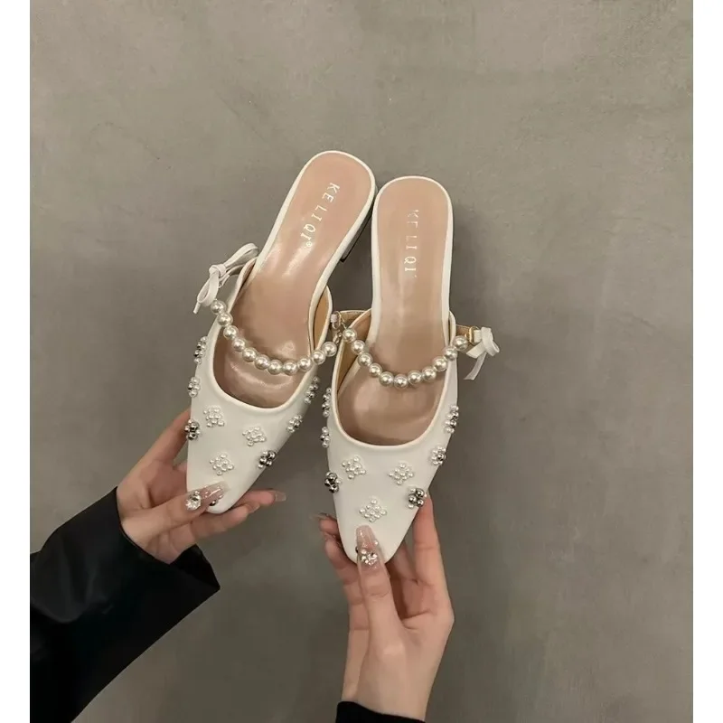 2024 New Summer Women Sandals Natural Leather Shoes  Flock+sheepskin Pearl Chain Bow Back Loop Pointed Toe Women Shoes