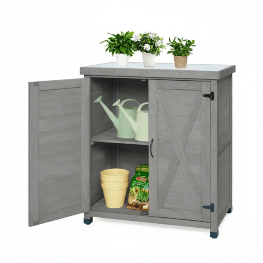 

Садовая верстак-стойка с тумбой для хранения и металлической столешницей для улицы, для патио, рабочая станция