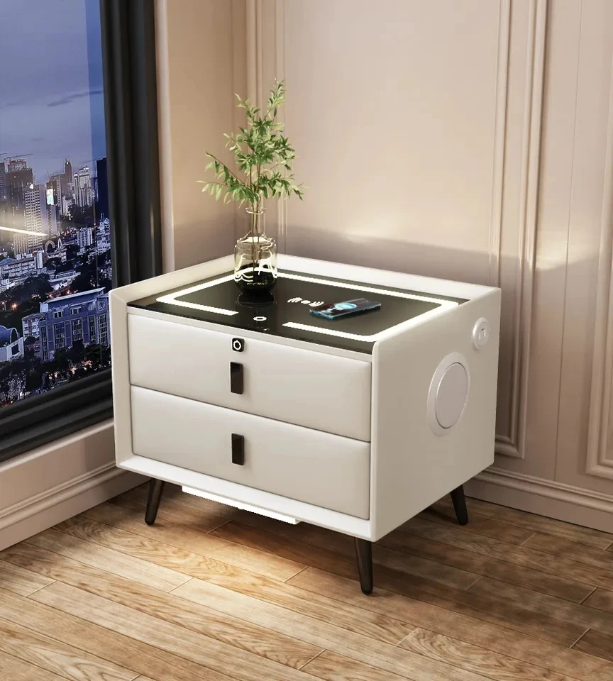 Bluetooth Audio Wireless Charging USB Nightstand MDF Leather Cover Three-Color Light Fingerprint Lock Bedside Table