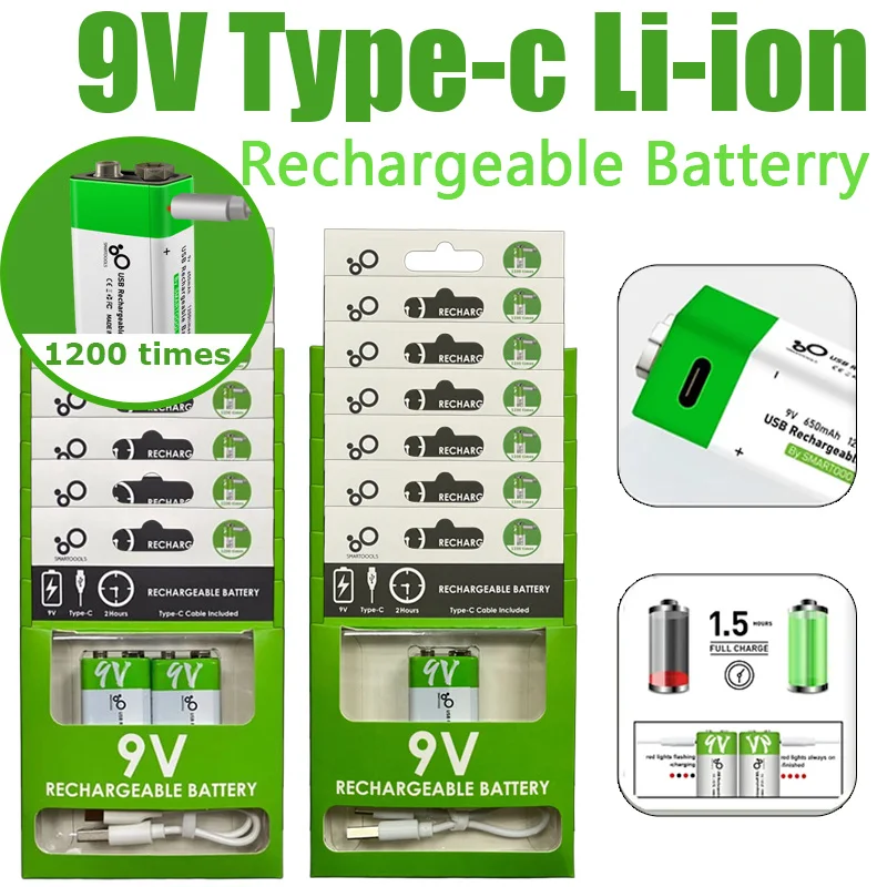 

Type-C USB Rechargeable 9V Lithium Battery, Built-in Charger for Multimeter, Metal Detector, Microphone, Cable Remote Control