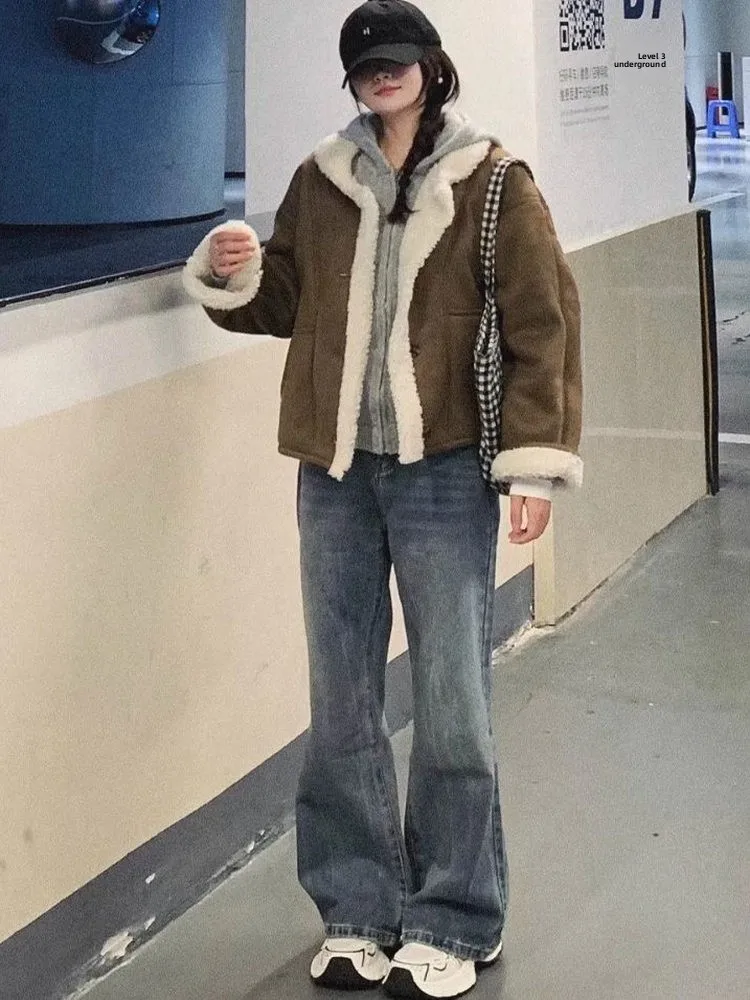 الكورية Sle براون فرو الضأن Jaet المرأة الشتاء Thiened ملابس قطنية فضفاضة Faionable ort ملابس خارجية معطف