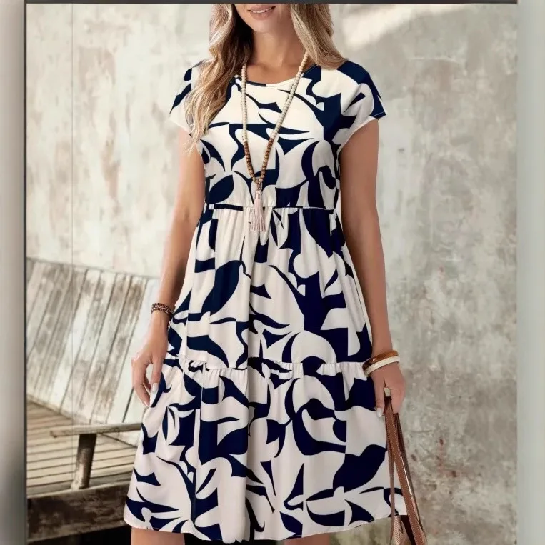 

Новинка 2026: Элегантное макси-платье с принтом для женщин, весна-лето, с коротким рукавом, завышенной талией, длинное