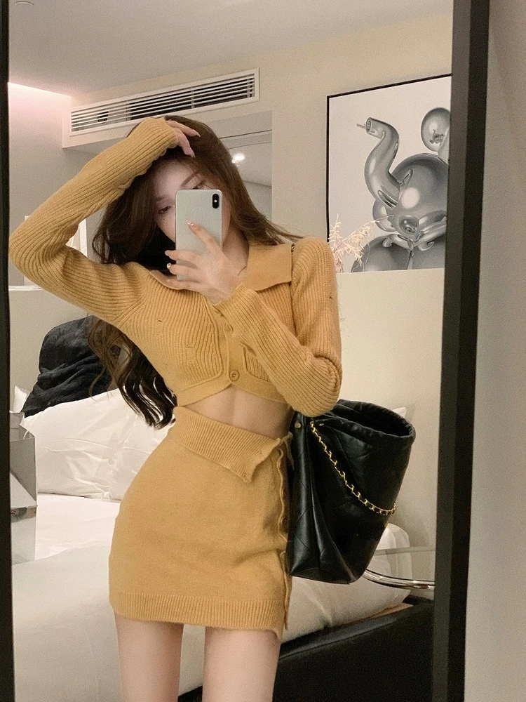 2022 Autumn Knitted Dress Women Casual Long Sleeve 2 Piece Dress Set Korean Style Elegant Y2k Mini Dress Sweater Office Lady