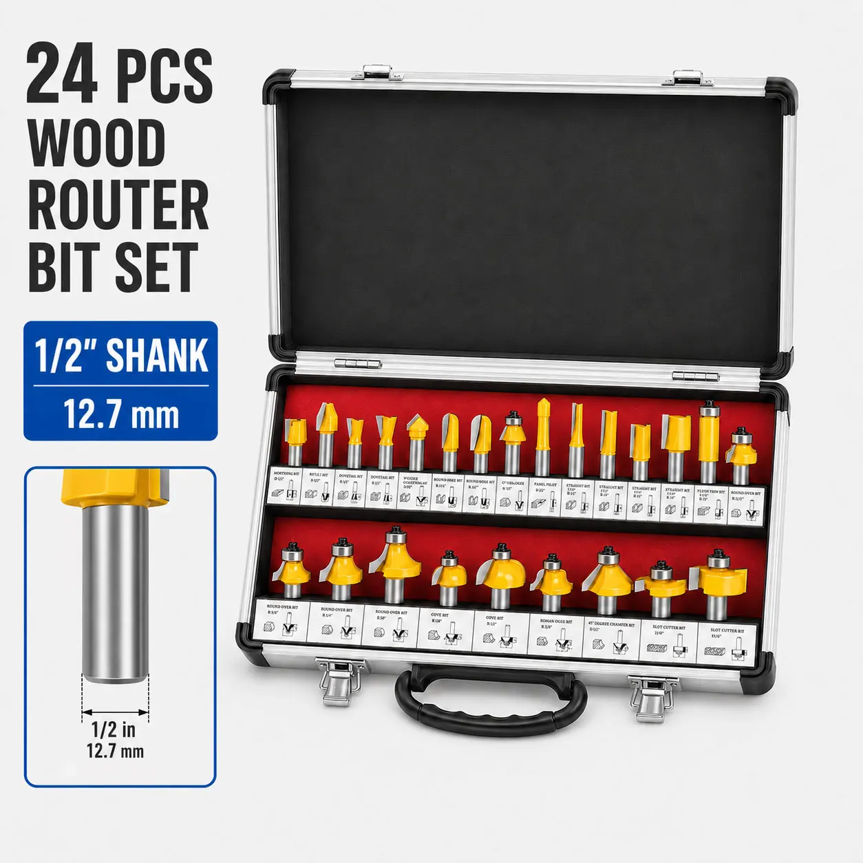 Juego de 24 fresas multiusos para router de madera con vástago de 1/2 pulgada para ranurado, recorte, perfilado de bordes y grabado