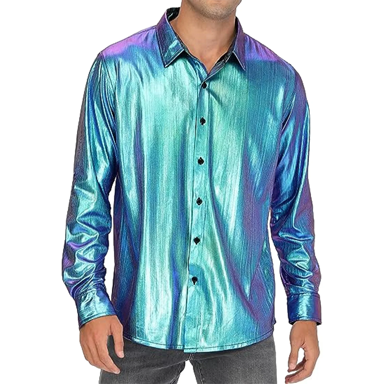 

Mens Stage Performance Metallic Shiny Long Sleeve Shirts Clubwear Glossy Loose Shirt for Party Music Festival Nightclub