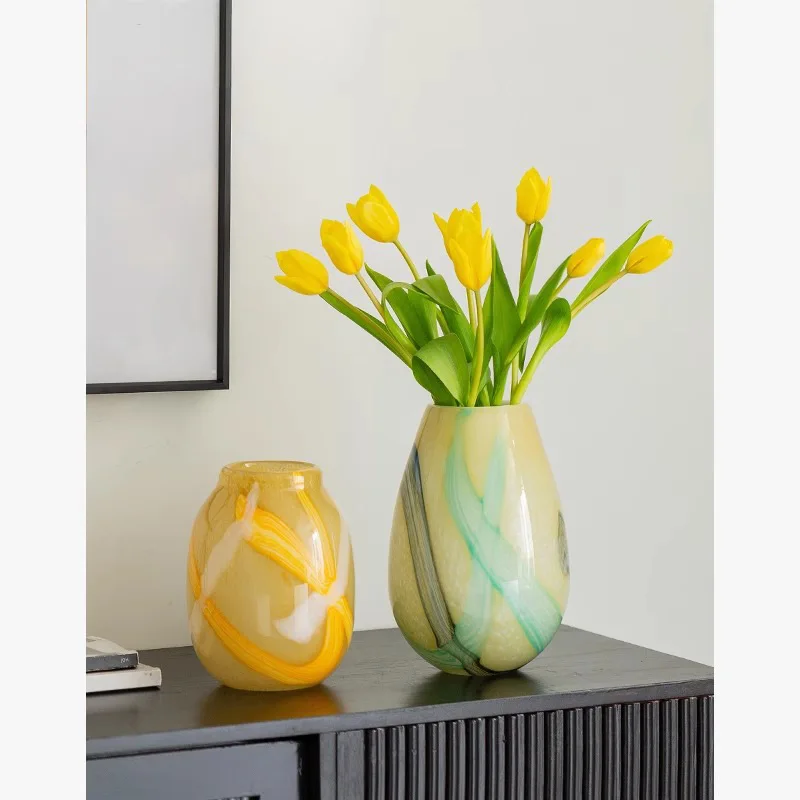 Vase Senior Feeling Living Room Light Luxury Style Green Vertical Stripe Smudged Belly Glass Vase Ornaments