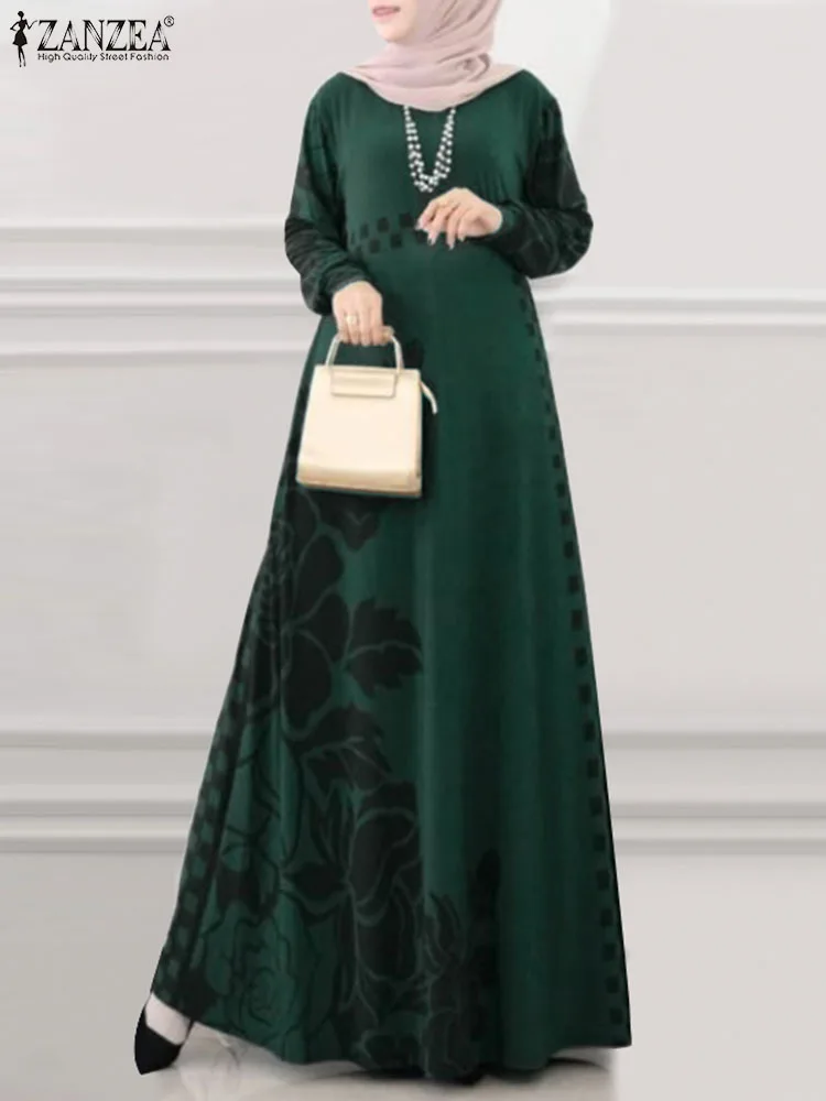 ZANZEA-vestidos de moda muçulmana para mulheres, Ramadan Abayas, manga comprida, vestido floral estampado boêmio, Dubai Robe, Abaya