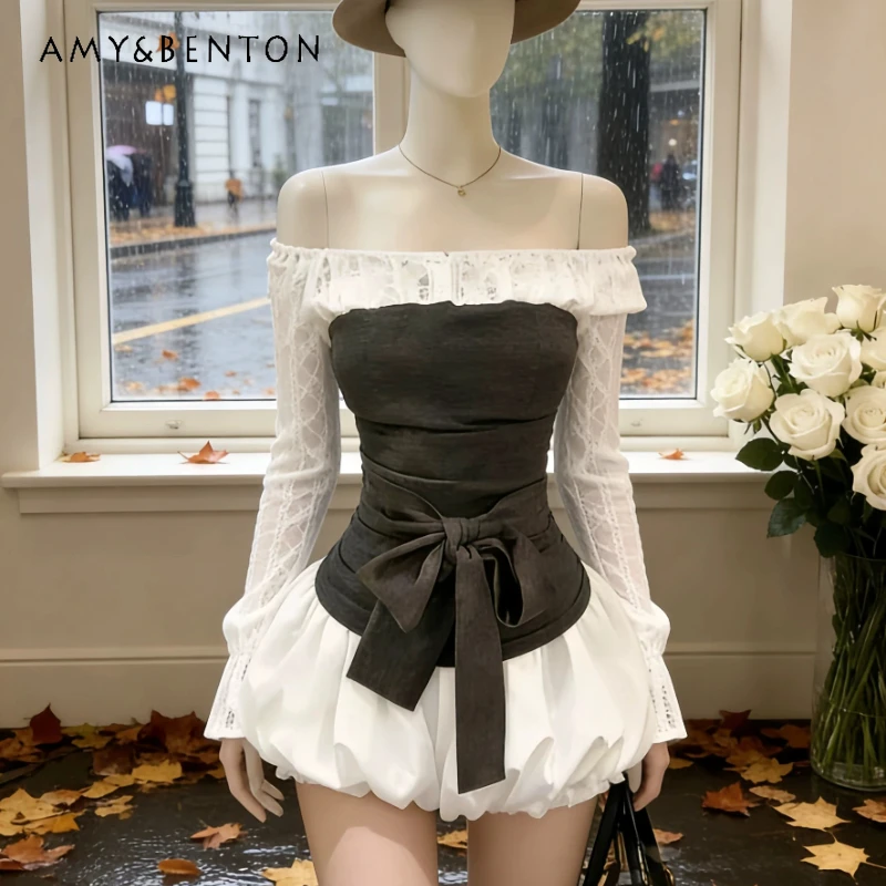 

Women's Short Skirt Set Original Design Temperament One-word Shoulder Lace Splicing Top Bow Bud Psntd Skirts 2-piece Sets Ladies
