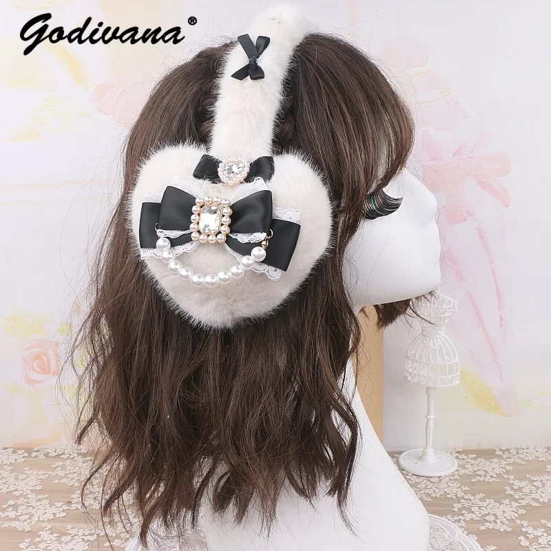 Handmade Sweet Cute Girls Earmuffs New Winter Japanese Mines Series Hairy Love Bow Rhinestone Warm Kawaii Earmuffs for Women