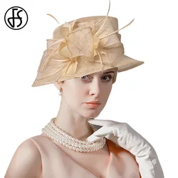 FS 2024 Wedding Bridal Sinamay Sombrero Beige Yellow Bowler Hats For Women With Flower Feather Beach UV Protection Visor Cap