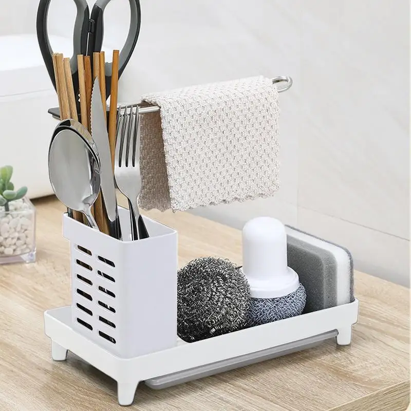 Sink Storage Rack 2-in-1 Multifunction Sponge Towel Drain Holder Rack Kitchen Sink Countertop Storage Holder Kitchen Organizer