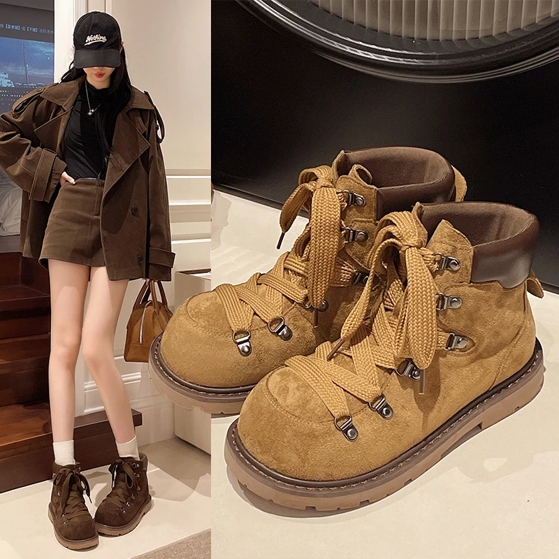 

Женские универсальные узкие ботильоны на платформе с короткими бедрами, новинка 2025, осень, на шнуровке в стиле ретро, с высоким берцем