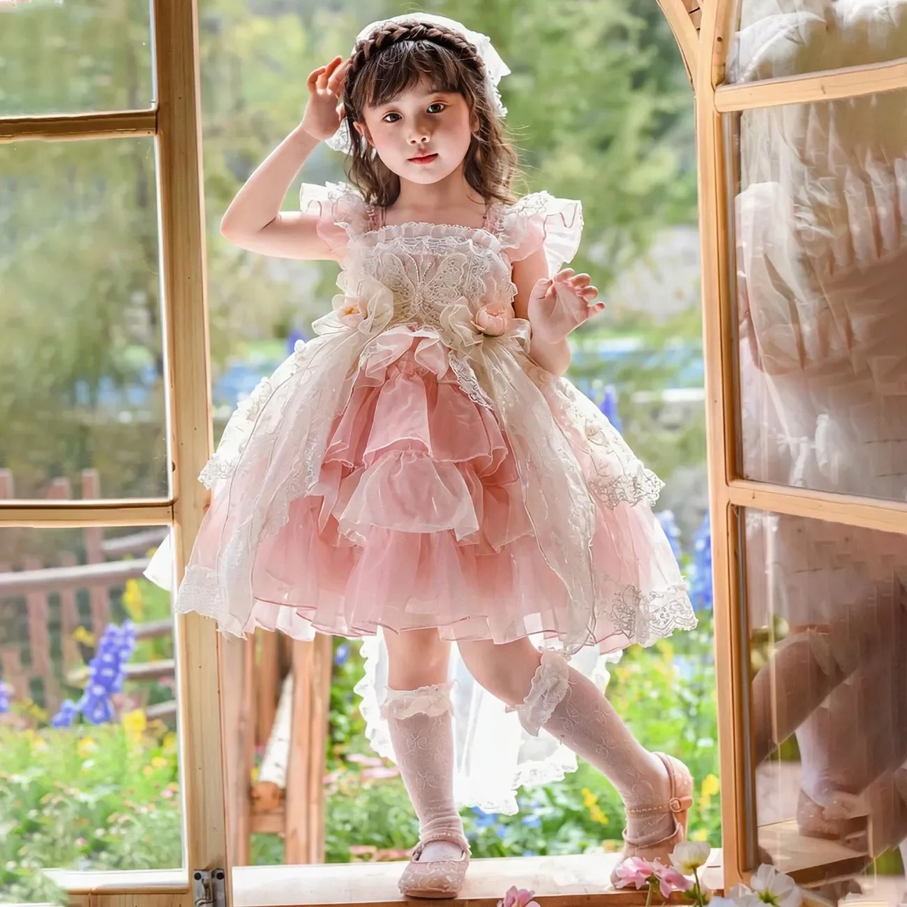 Baby Girl Summer Pink Sweet Lolita Lace Princess Ball Gown Floral Lace Sundress Birthday Holiday Party Eid Childen Clothing