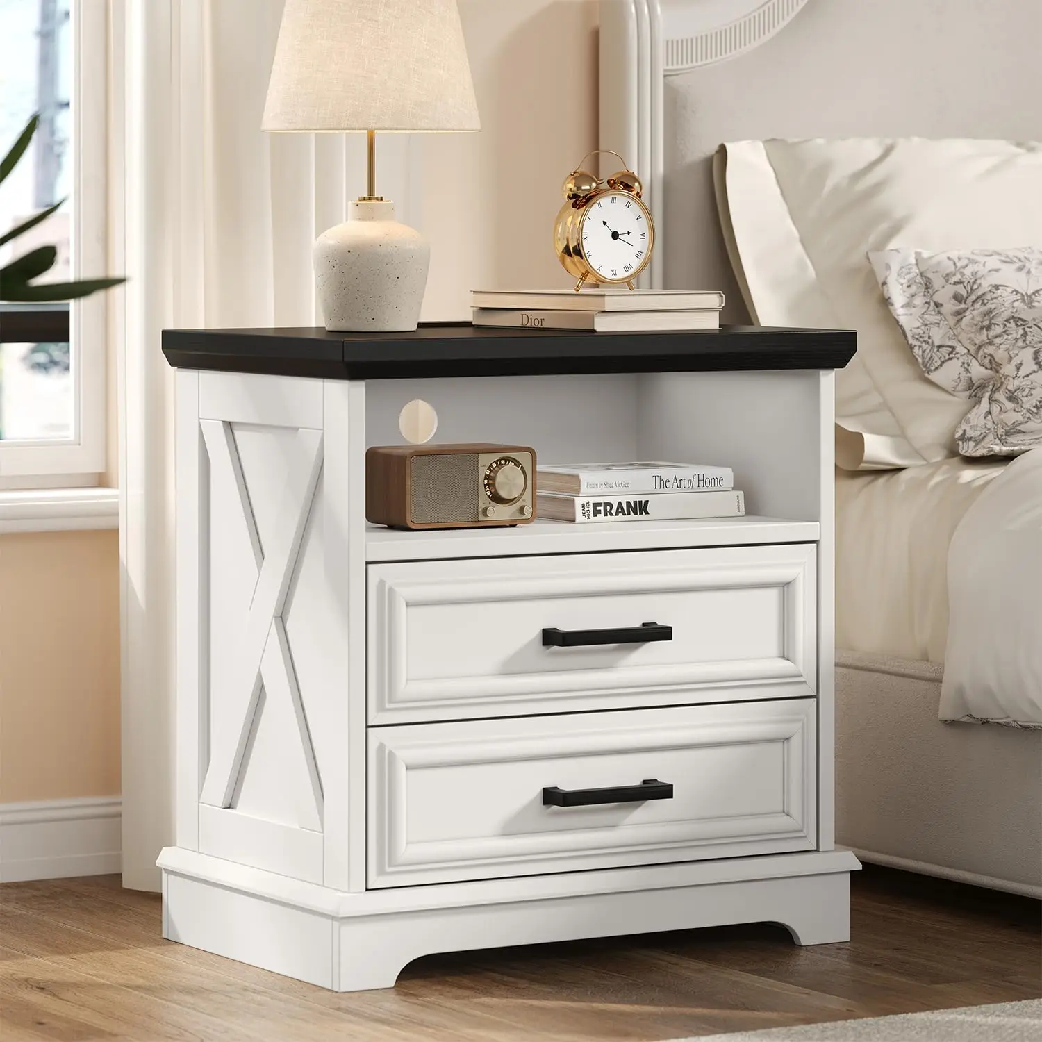 24 Inch Farmhouse Nightstand With Charging Station, White Side Table With 2 Drawers, Rustic Wood Bedroom End Table, Customized