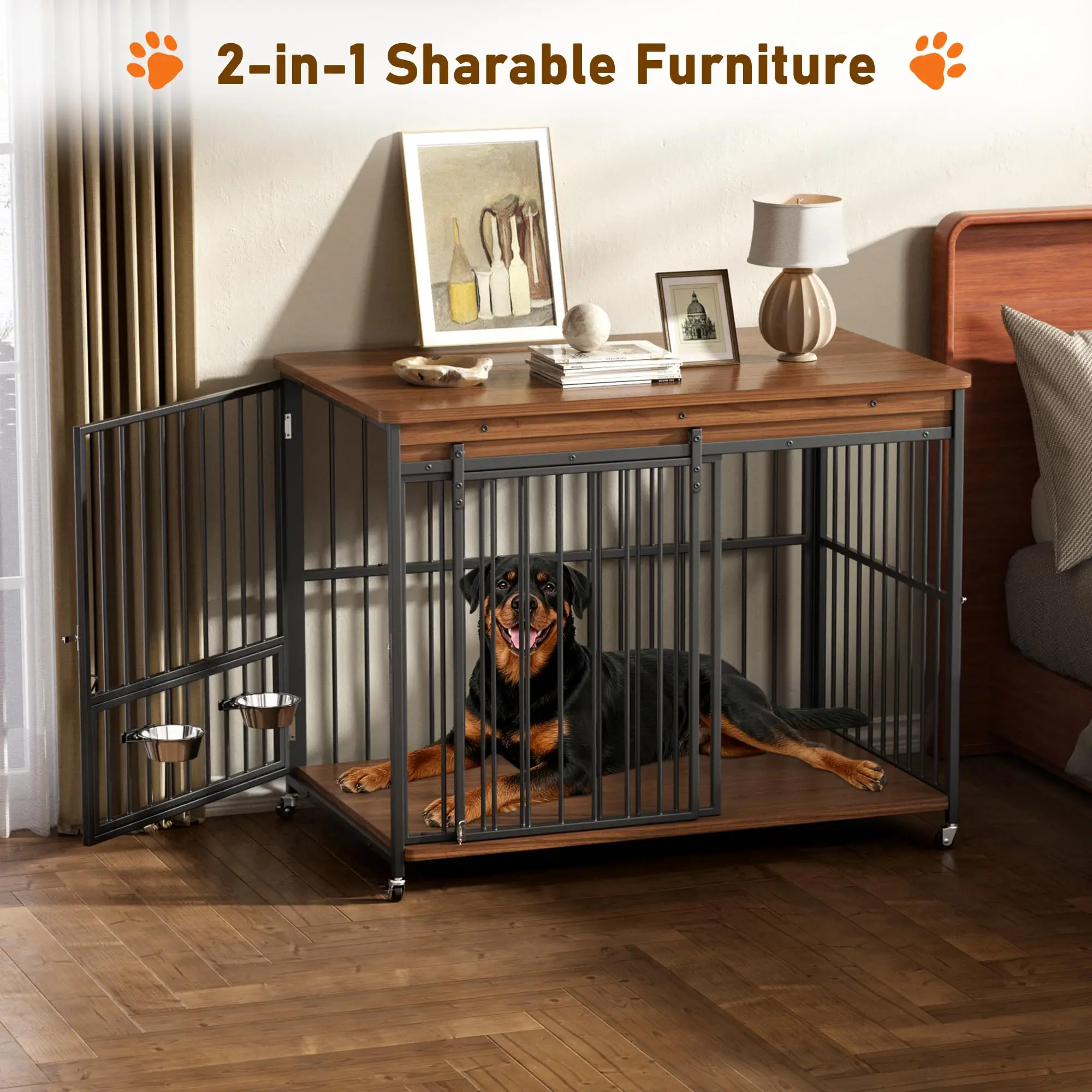 Dog Crate Furniture, 48’’ Wooden Dog Kennel Indoor with Sliding Front Door, Multi-Side Openings & Feeding Window Pet