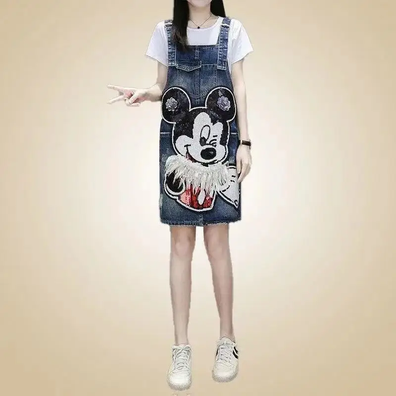 Neue Kawaii Disney-Serie Mickey Mädchen Sommer bequem und süß, lässige Mode vielseitiger Cartoon kreativer Denim-Trägerrock