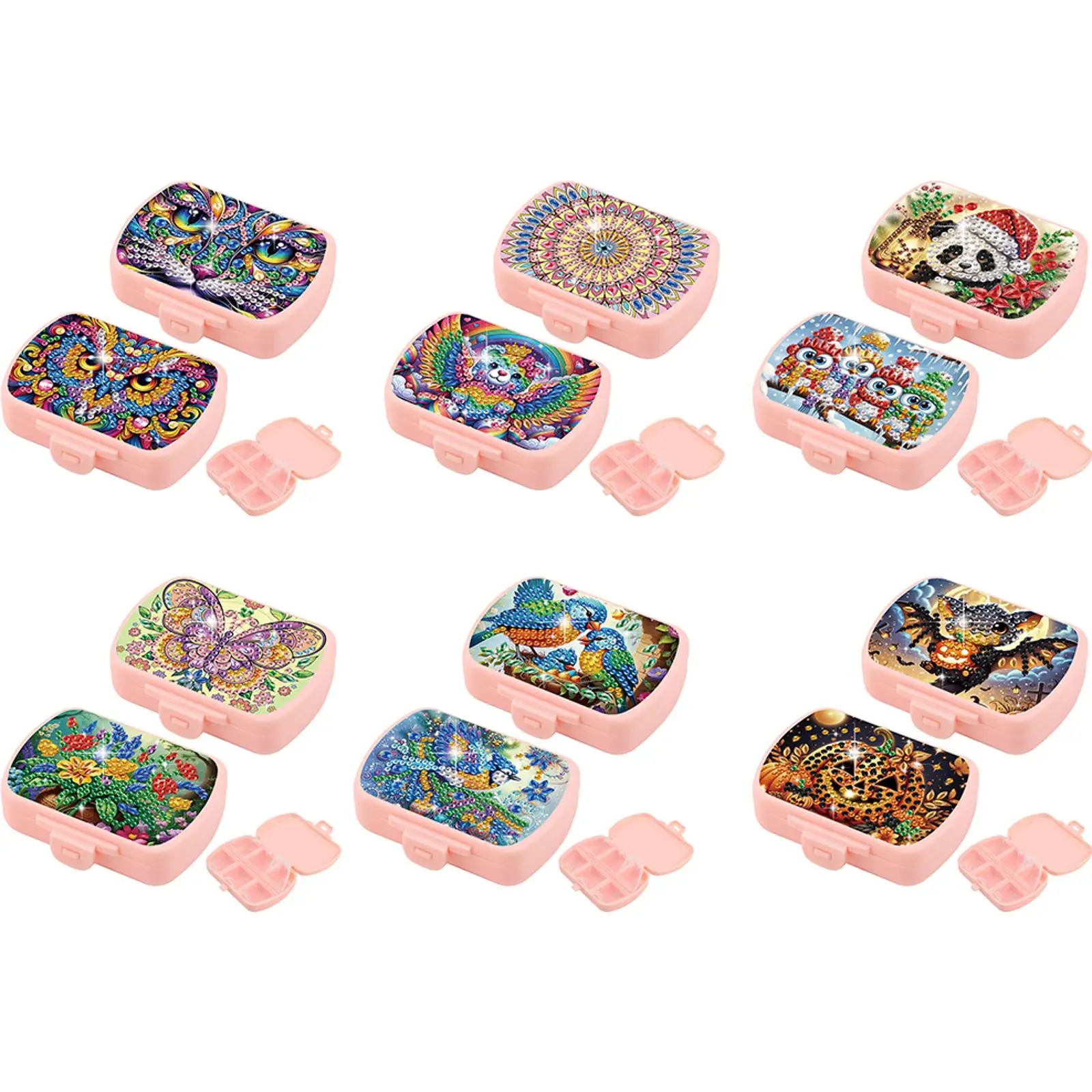 

2Pcs DIY Animal Pattern Diamond Art Pill Storage Case 6 Grid Portable Crystal Pill Dispenser Moisture-Proof for Adults Beginners